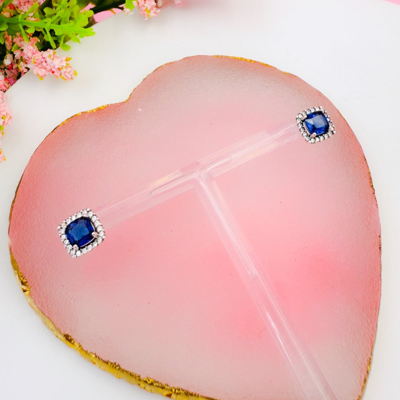 Aretes de botón Halo Azul Cuadrado Brillante