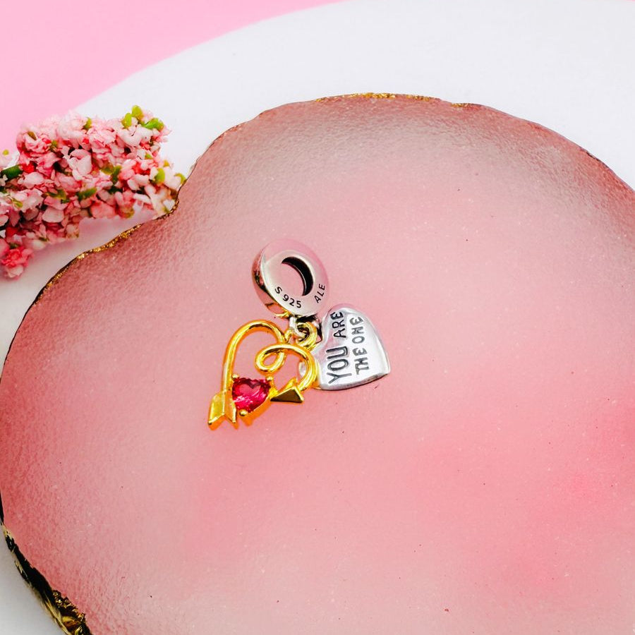 Charm Colgante Doble Corazón Grabable y Flecha